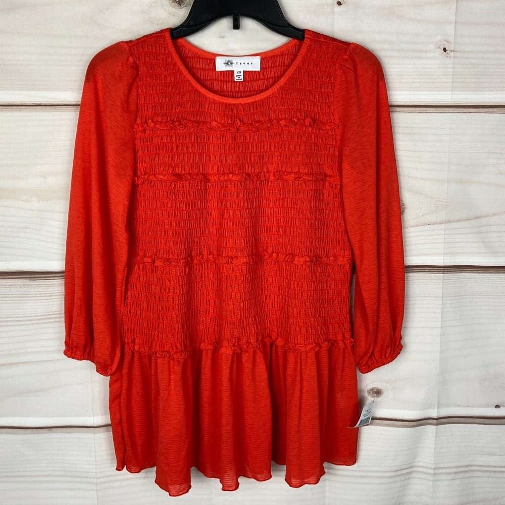 Fever Top Womens XS Orange Smocked Ruffle 3/4 Sleeve Solid Round Neck Stretch